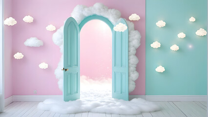 Doorstep to heaven concept photoshoot, dreamy pastel colored room with cloud shaped lighting, ai generated