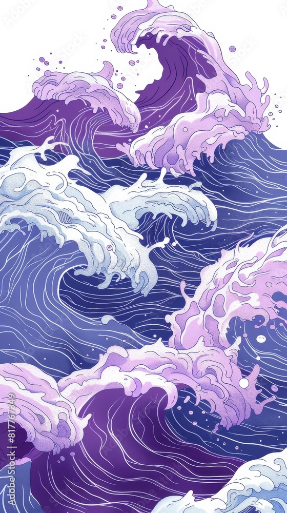 Poster a wave with purple and blue colors. the waves are crashing against the shore, creating a sense of mo