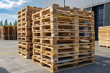 A large quantity of wooden pallets neatly stacked in rows outside a warehouse building