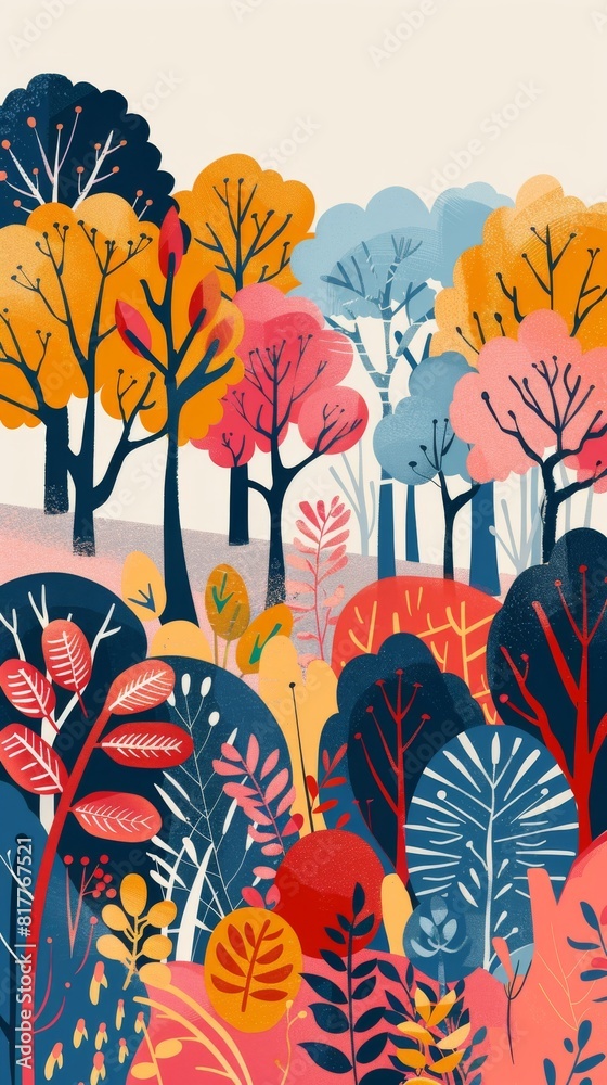Poster A colorful painting of a forest with trees of different colors. The painting has a bright and cheerful mood, with the colors of the trees and leaves creating a sense of warmth and happiness