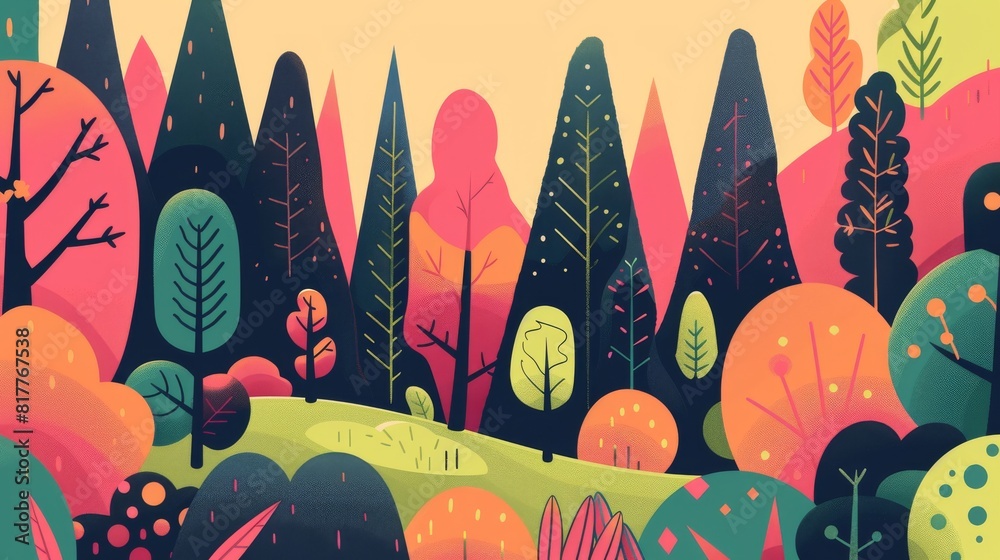 Aufkleber A colorful drawing of a forest with trees of different colors and sizes. Scene is peaceful and serene, with the trees providing a sense of calm and tranquility