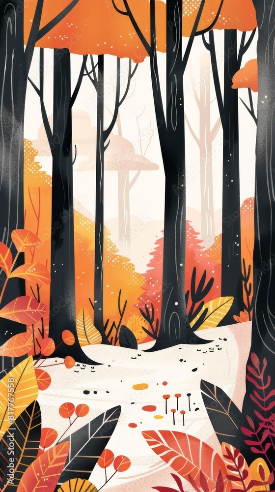 Poster a drawing of a forest with trees and leaves in orange and black