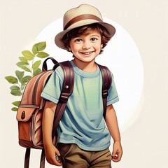 Illustration of a cute boy wearing a hat and carrying a bag