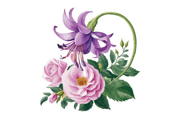 Watercolor purple flower clipart illustration and rose floral branch with green creeper leaves on white background.