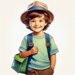 Illustration of a cute boy wearing a hat and carrying a bag