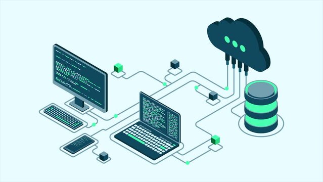 Cloud technology computing animation. Modern cloud technology. Data center isometric concept. Isometric cloud technology with datacenter. Web hosting concept. 4K video animated in isometric style