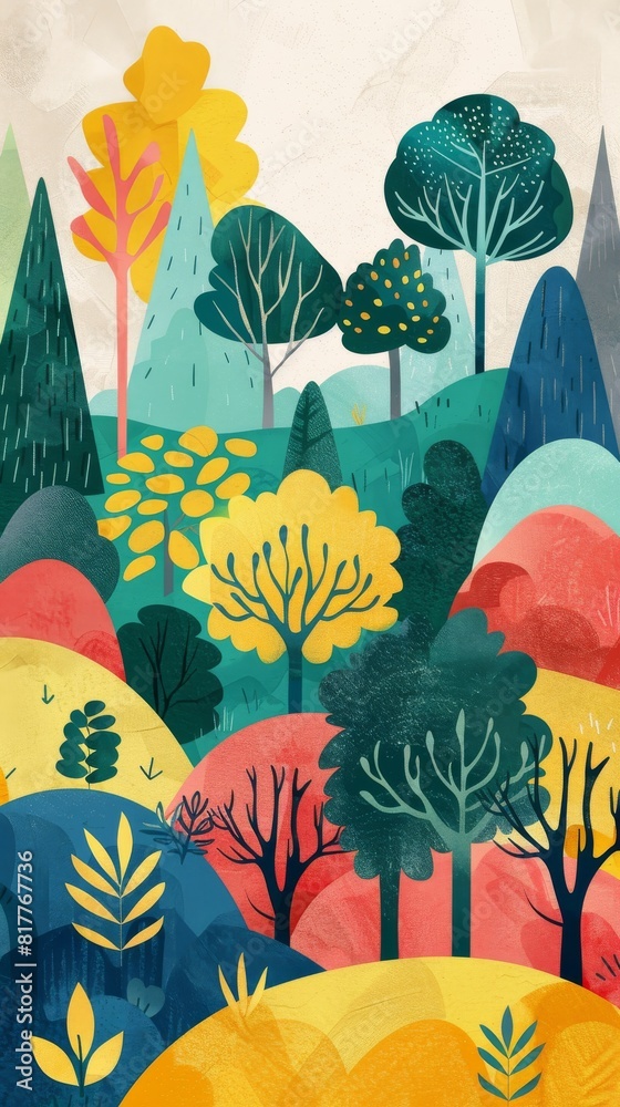 Poster A colorful painting of a forest with trees of different colors and sizes. The painting has a peaceful and serene mood, with the trees and hills creating a sense of calmness and tranquility