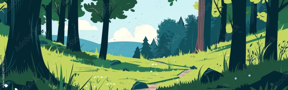 Poster A forest with a path through it. The path is surrounded by trees and grass. The sky is blue and there are some clouds