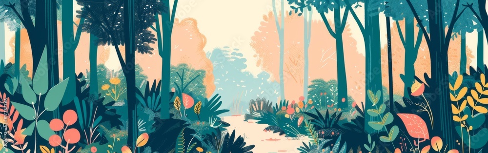Poster A forest with a path through it. The path is surrounded by trees and bushes