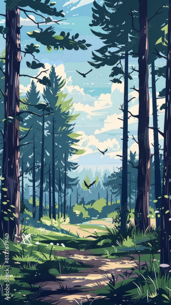 Poster a forest with a path through it and birds flying in the sky