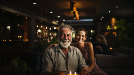 Fototapeta premium Senior Man Enjoying a Relaxing Evening with a Woman at a Cozy Indoor Setting