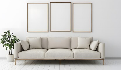 A beige sofa in a minimalistic interior with three blank picture frames on a white wall mockup