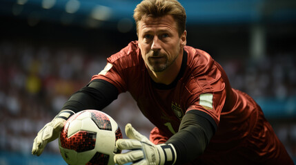 Focused Goalkeeper Making a Save During a Soccer Match