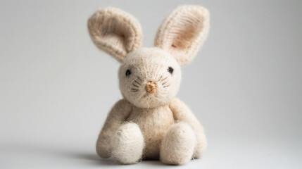 Fototapeta premium Plush bunny toy sitting on soft surface with a blurred blue background, ideal for children’s product advertisement. 