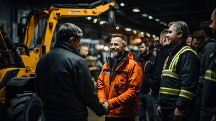 Builder Choosing Heavy Machinery for Construction in a Busy Warehouse
