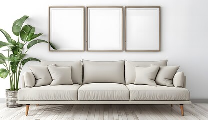 A beige sofa in a minimalistic interior with three blank picture frames on a white wall mockup