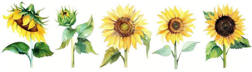 A set of watercolors of sunflowers turning towards the sun, embodying warmth and positivity, Clipart isolated concept minimal with white background