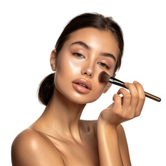 Fototapeta premium A beautiful woman with perfect skin put make up on her face, isolate on transparent background