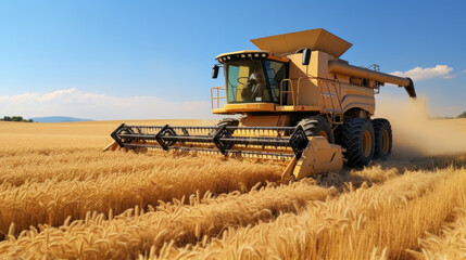 Obraz premium Combine Harvester Processing Ripe Wheat on a Sunny Day in the Countryside