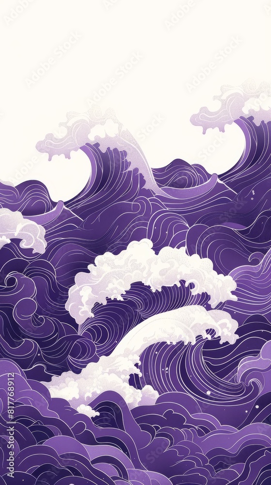 Poster a wave with purple and white colors. the mood of the painting is calm and serene, as the wave appear