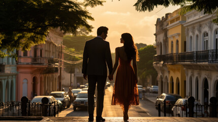 Romantic Couple Walking Hand in Hand at Sunset in Merida, Mexico