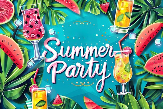 Summer party poster with watermelon, cocktails, palm leaves and bright colors