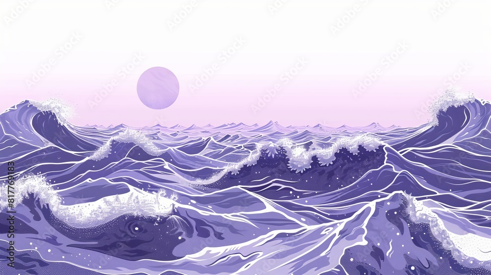 Poster A computer generated image of a large body of water with a large wave and a small moon in the sky