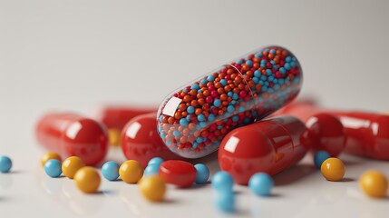 Close up of colored pills and capsules on a light background
