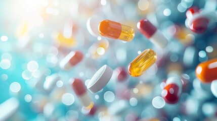 Medical blurred background with flying pills and capsules