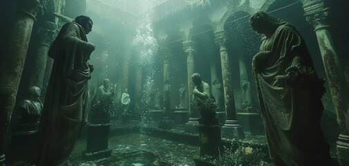 Immerse viewers in a mysterious underwater labyrinth teeming with shadowy figures