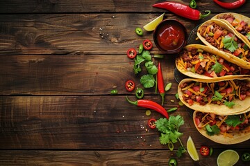 A spicy Mexican taco arrangement sparks interest in ethnic cuisine, with solid background and copy space on center for advertise
