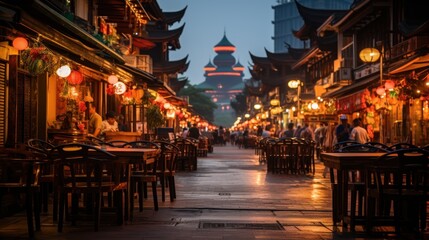 Evening in Chinatown with Vibrant Lanterns and Busy Street - Powered by Adobe