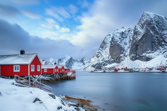 Long exposure photography of the Lofoten Islands with red houses, snow covered mountains and a blue sky with clouds, wide angle lens, showcasing the minimalist landscape with natur