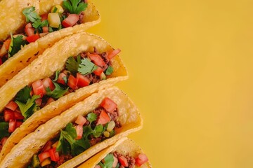 A spicy Mexican taco arrangement sparks interest in ethnic cuisine, with solid background and copy space on center for advertise