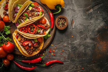 A spicy Mexican taco arrangement sparks interest in ethnic cuisine, with solid background and copy space on center for advertise