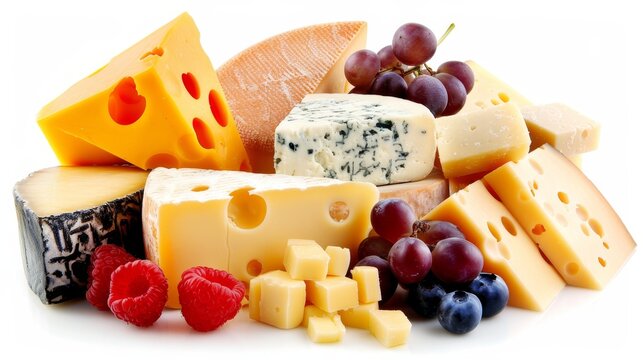 Assorted stack of various cheeses isolated on white background for a diverse selection