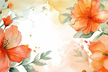 Vibrant Orange Floral Watercolor Illustration with Dynamic Splashes and Soft Background.