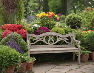 La panchina in giardino, tra fiori vivaci, offre un luogo perfetto per il relax.
