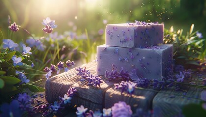 Handmade lavender soap bars on a rustic wooden background with flowers, showcasing the artisanal and organic appeal of natural skincare products