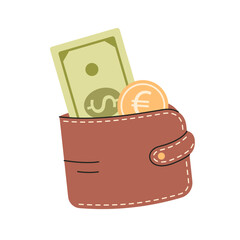 Brown wallet with money isolated on white background. 