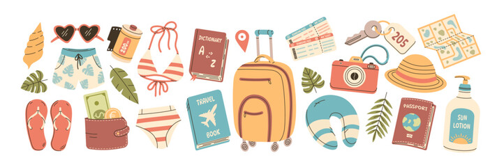 Summer vacation collection. Stuff for summer travel set. Sea holidays accessories. 