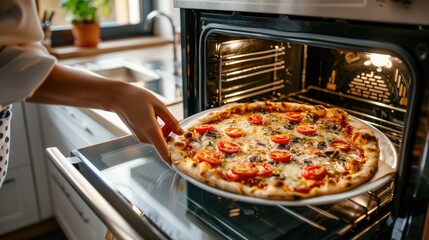a woman takes a pizza out of the oven. selective focus
