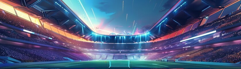 A virtual reality soccer stadium, where digital fans cheer silently in a vivid, surreal environment, designed with vibrant colors and strategic copy space
