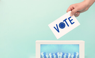 EU election, ballot box, european union flag, blue and yellow stars, citizens of Europe voting...