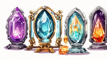 This image shows four magic mirrors with ornate frames