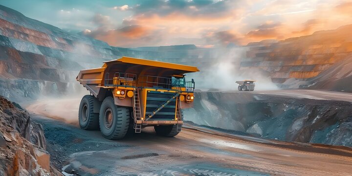 Big yellow mining truck operating in an open pit coal mine quarry. Concept Mining Trucks, Open Pit Mines, Coal Industry, Heavy Machinery, Quarry Operations