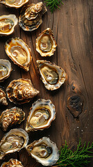 Top view of Opened oysters, in a wood table, empty space un the middle for text