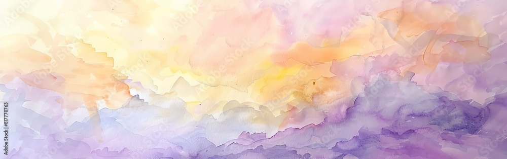 Poster a painting of a sky with a purple and yellow background. the sky is filled with clouds and the color