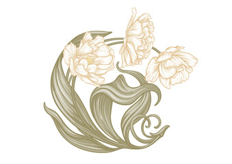 Terri Tulip flowers, decorative flowers and leaves in art nouveau style, vintage, old, retro style. Clip art, set of elements for design Good for print on T-shirts, bags, tattoo. Vector illustration.