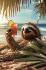 sloth with a cocktail on the beach.